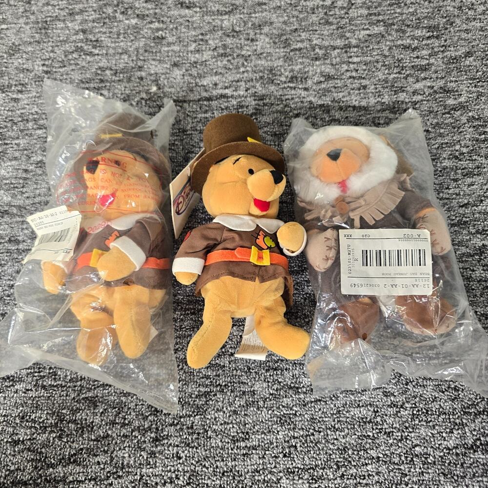 Lot of 3 Disney Winnie the Pooh Bean Bag Plush Pilgrim x 2 & Juneau Pooh NWT